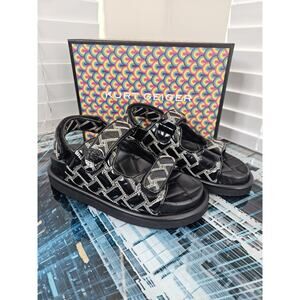 KURT GEIGER London Orson Quilted Leather Slingback Sandals Black/White Size 7.5